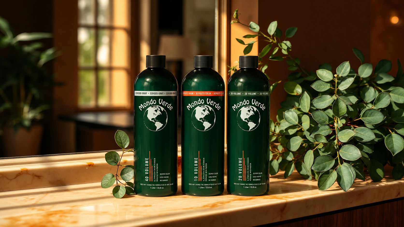 Mondo Verde botanicals and amber apothecary bottles on marble